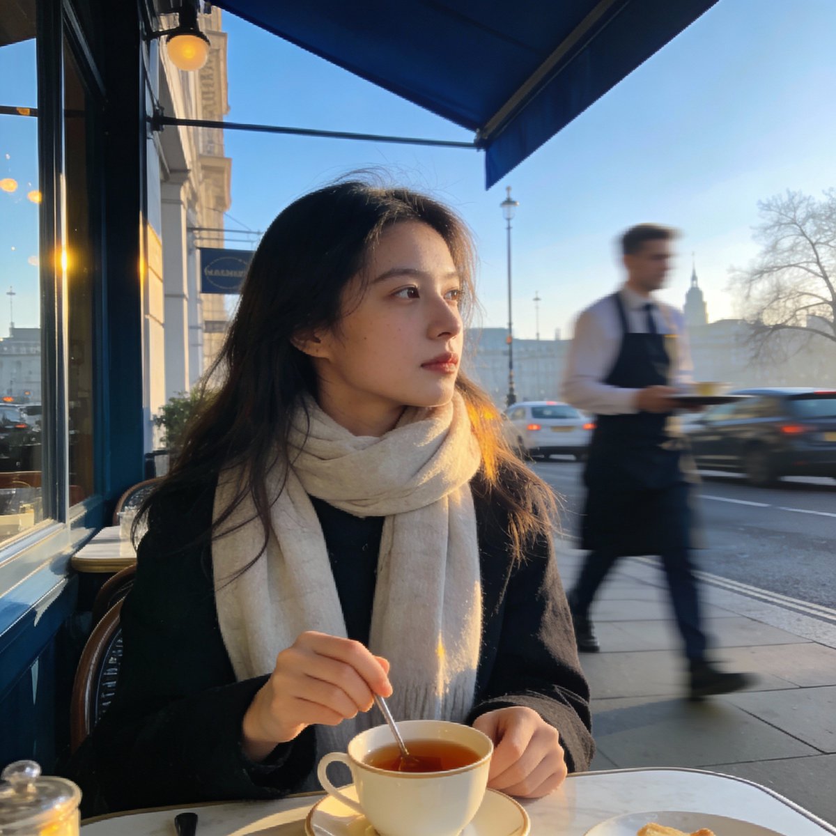 伦敦户外餐厅人像，使用 Nano Banana Pro 拍摄