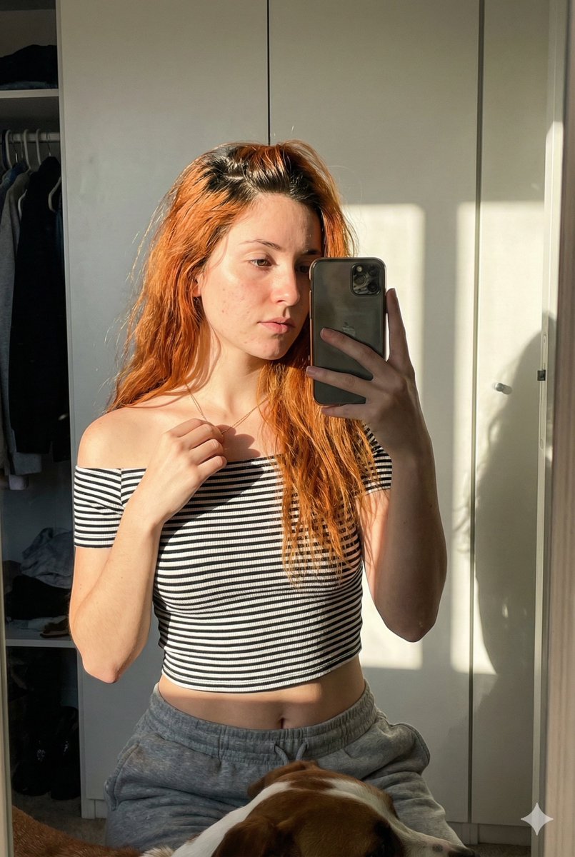 Perfil / Avatar - Selfie en el espejo bañada por el sol con perro en primer plano